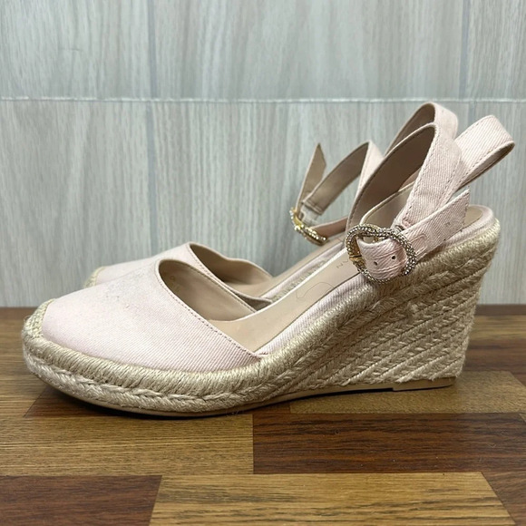 Stuart Weitzman Shoes - Stuart Weitzman Womens Heels 6 Espadrille Pumps Canvas Rosewater Gold Wedge NEW